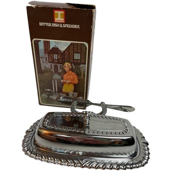 1971 Vintage Irvinware Chrome Plated Glass Insert With Lid & Knife Butter Dish - Picture 4 of 5